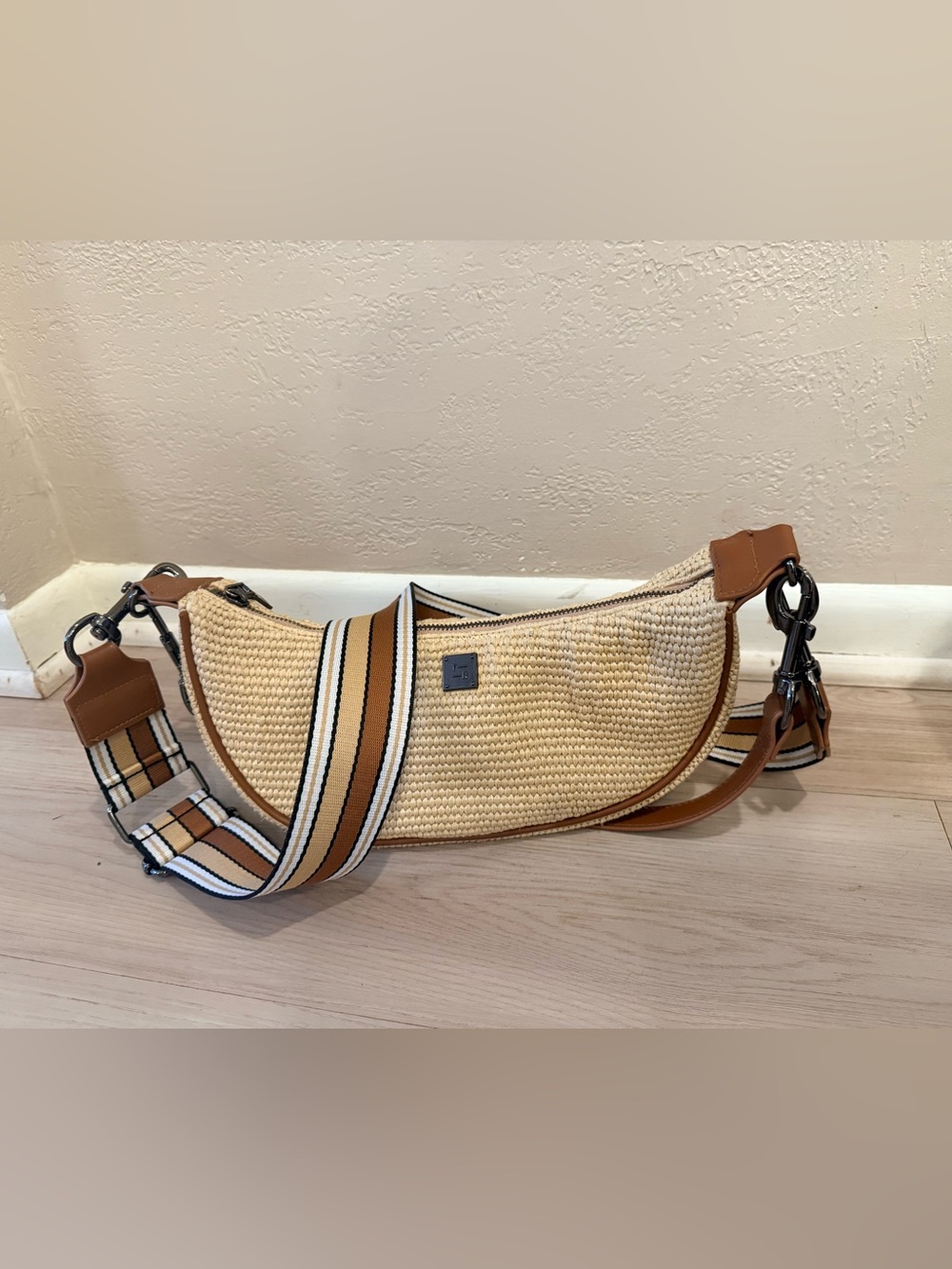 THINK ROYLN Cream Canvas Crossbody with Tan Leather Trim and Striped Strap